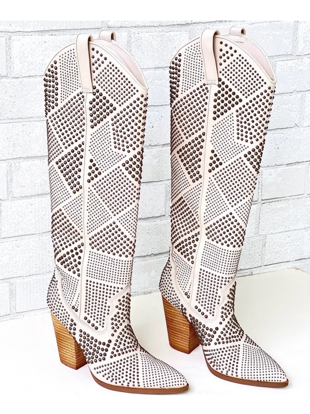 Steve Madden Cream Studded Knee-High Western Heeled Boots